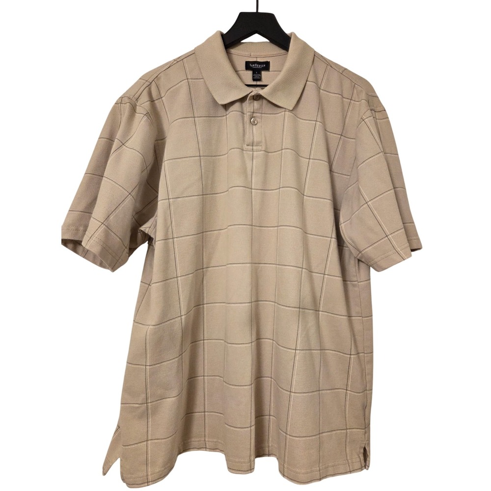 Van Heusen Mens Large L Beige Plaid Short Sleeve Polo Shirt‎ Casual